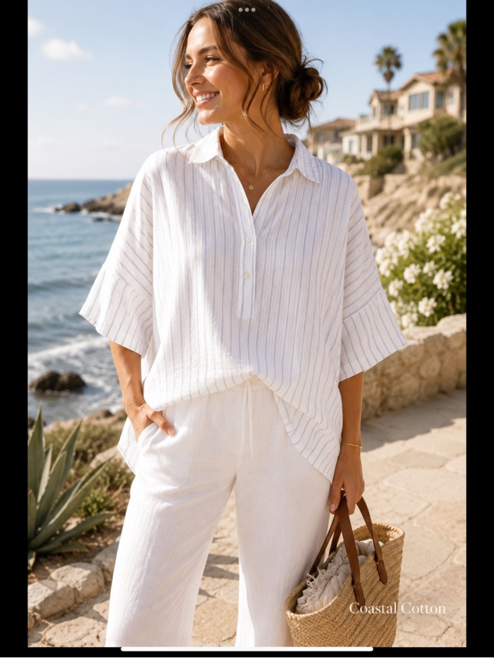 Coastal Cotton Popover Blouse White Blue Stripe Oversized Relaxed Fit LOFT Large